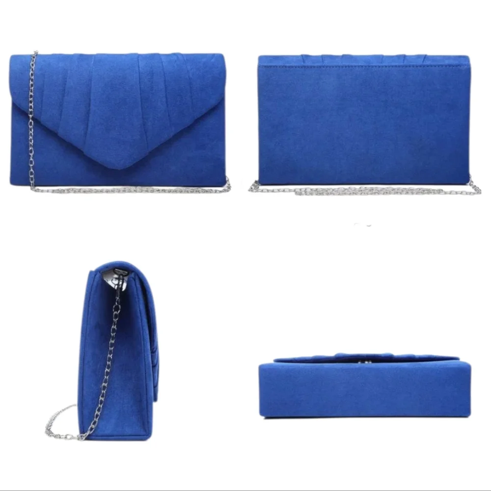 Women's Evening Bag Pleated Envelope Clutch Royal Blue Silver Chain